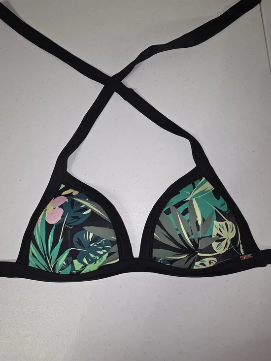 PINK Victoria's Secret Black Halter Bikini Top with Green Tropical Leaf Print - Picture 10 of 17
